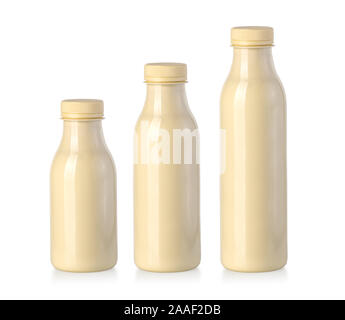 Plastc Flasche mit Milch isoliert auf weißem Stockfoto