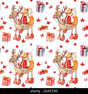 Weihnachten nahtlose Hintergrund mit Fox. Festliche Charakter, ein Reh mit Geschenkboxen mit Sternen und Schneeflocken auf einem weißen Hintergrund. Stockfoto