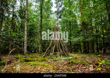 Bush craft/Überleben Unterschlupf: Primitive Bau von Unterkünften in einem wilden Wald Umwelt. Ein grundlegender Schutz im Notfall. Lustige Aktivität. Stockfoto