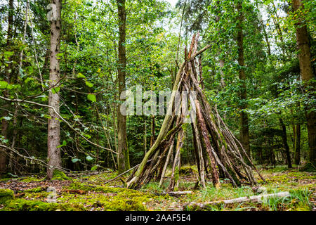 Bush craft/Überleben Unterschlupf: Primitive Bau von Unterkünften in einem wilden Wald Umwelt. Ein grundlegender Schutz im Notfall. Lustige Aktivität. Stockfoto