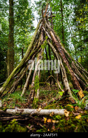 Bush craft/Überleben Unterschlupf: Primitive Bau von Unterkünften in einem wilden Wald Umwelt. Ein grundlegender Schutz im Notfall. Lustige Aktivität. Stockfoto