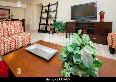 Ein offener Grundriss mit einem Wohnzimmer Esszimmer Combo im Four Seasons Apartments in Mobile, Alabama. Stockfoto