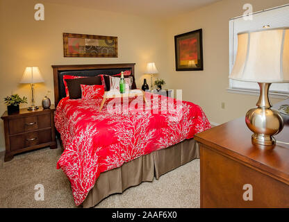 Ein Bett Fach sitzt auf einem Bett im Four Seasons Apartments in Mobile, Alabama. Der Apartmentkomplex ist im Besitz von Sealy Management Unternehmen betrieben. Stockfoto