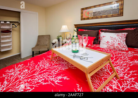 Ein Bett Fach sitzt auf einem Bett im Four Seasons Apartments in Mobile, Alabama. Der Apartmentkomplex ist im Besitz von Sealy Management Unternehmen betrieben. Stockfoto