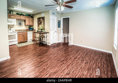 Eine Wohnküche und Wohnzimmer leer wird dargestellt auf Robinwood Apartments in Mobile, Alabama. Stockfoto