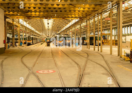 Straßenbahnen im Depot geparkt, die Infrastruktur des öffentlichen Verkehrs, Brüssel, Belgien Stockfoto