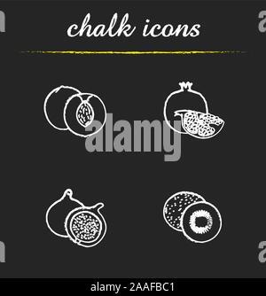 Obst Symbole gesetzt. Aprikosen-, Granatapfel-, Feigen und Kiwis Illustrationen. Tropische Früchte isoliert Vektor Schiefertafel Zeichnungen Stock Vektor