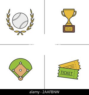 Baseball color Symbole gesetzt. Baseball Award, Ball, Feld und Spiel Tickets. Softball Equipment Color Symbole. Baseball Sport logo Konzepte. Vektor isoliert Stock Vektor