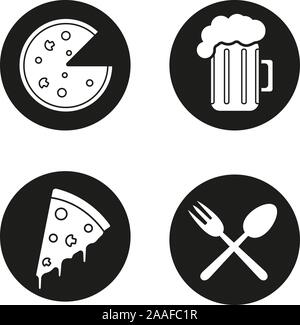 Pizzeria schwarze Symbole gesetzt. Cafe und Restaurant Menüpunkte. Pizza, Bier Becher und lokal Symbole. Vektor weiss Abbildungen in Kreise Stock Vektor