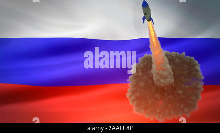 Rocket Launch vor dem Hintergrund der russischen Flagge. 3D-Rendering Stockfoto