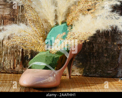 Getrocknete Blumen in einem Schuh starten das Gras in der Oase zu vereinbaren Stockfoto