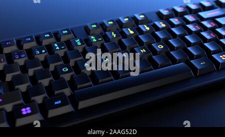 Mechanische Tastatur mit dem Wort gaming beleuchtet auf den Tasten. Gamer Tastatur Banner. Stockfoto