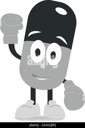 Grau Kapsel Zeichen mit Schatten. Starker Wächter Pille in Boxhandschuhen. Flache Zeichentrickfigur Abbildung: Icon Design. Auf weissem backgroun Isoliert Stock Vektor