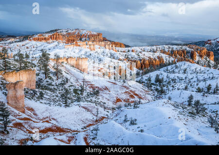 Am Abend Licht bricht durch Sturm Wolken nach Schnee im Süden von Utah Bryce Canyon National Park fällt. Stockfoto