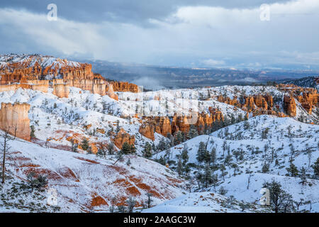 In rotem Sandstein, die Türme von Bryce Canyon, Cedar Breaks unter Neuschnee in Utah als Winter Sturm bricht und Schuppen Sonnenlicht auf der Red Rock. Stockfoto