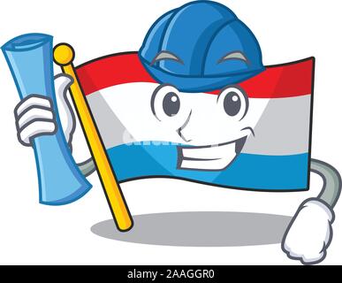 Fröhliche Flagge Luxemburg auf Architekt Cartoon Stil holding Blue Prints Stock Vektor