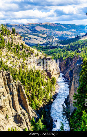 Blick von Calcit Federn Übersehen des Yellowstone River. Am hinteren Ende des Grand Canyon im Yellowstone im Yellowstone Wyoming USA Stockfoto