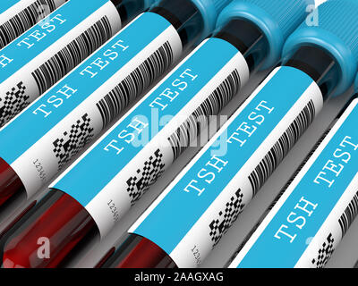 3D-Render von TSH Test Blut Röhren in Reihe liegen. Stockfoto