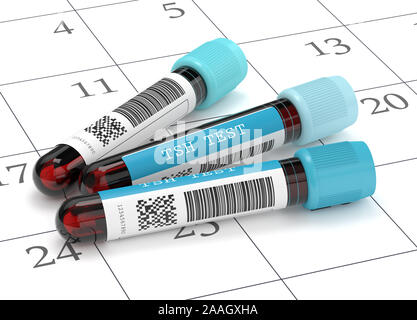 3D-Render von TSH Test Blutröhrchen liegen auf Kalender Stockfoto