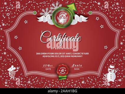 Weihnachten rot Zertifikat mit Santa Claus und Ratte, Schneemann. Winter rot silber hintergrund für das Neue Jahr herzlichen Glückwunsch. Stock Vektor