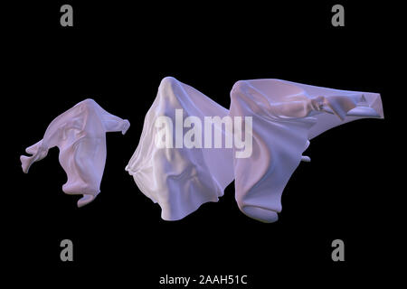 Gruppe von 3 fliegende weisse Geister weiblichen Figuren mit einer Decke Blatt auf schwarzem Hintergrund abgedeckt. Halloween 3d-Abbildung. Stockfoto