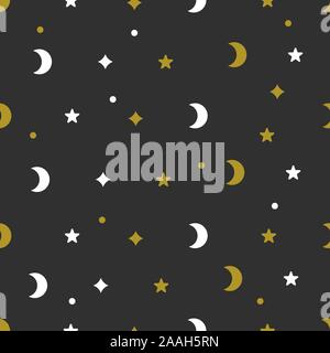 Weihnachten nahtlose Muster mit Mond, Sternen und Punkten, vector Schwarz und Gold Holiday Hintergrund, niedliche Drucken Stock Vektor