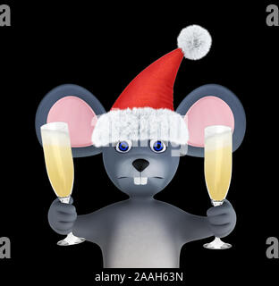 Jahr der Ratte. Frohes Neues Jahr 2020. Banner, Flyer, Postkarte. Maus mit Champagner auf Schwarz isoliert. 3D-Rendering Stockfoto