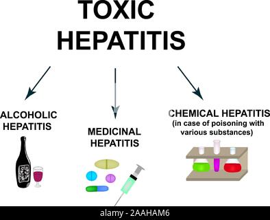 Arten von toxischen Hepatitis. Klassifizierung der Hepatitis A, B, C, D, E, F, G. GIFTIGE, alkoholische, Arzneimittel, Hepatitis. World Hepatitis Day. Infografiken Stock Vektor