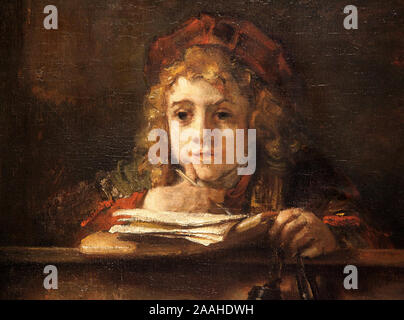 Titus an einem Lektor oder Titus an seinem Schreibtisch (1655) von Rembrandt van Rijn.ein Porträt seines Sohnes Titus van Rijn. Stockfoto