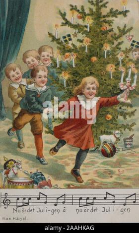 Vintage Christmas post Karte verschickt 1910 in New York USA ca, Schwedische Christmas Song, Baum, der mit der schwedischen Fahnen, glückliche Kinder laufen Stockfoto