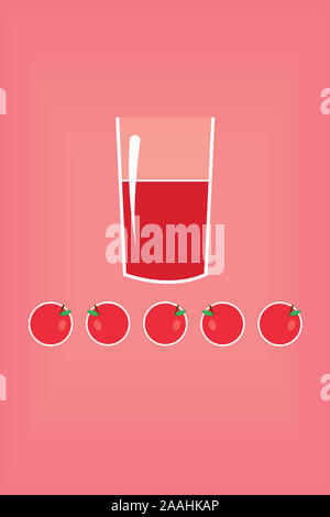 Stylized Vector Illustration eines frischen roten Apfelsaft in ein Glas und mehrere rote Äpfel auf hellen roten Hintergrund. Stockfoto