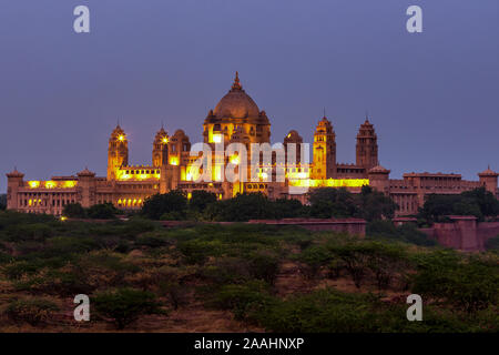 Bei Sonnenuntergang Umaid Bhawan Palace, Jodhpur, Rajasthan, Indien Stockfoto