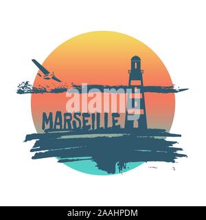 Leuchtturm auf pinselstrich Seashore. Wolken mit retro Flugzeugsymbol. Vector Illustration. Marseille city Name Text. Stock Vektor