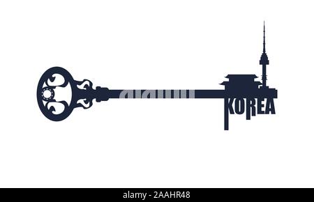 Namsan Tower in Seoul und Pagode. Flaches Design Stil moderne Illustration Konzept von Reisen. Stock Vektor