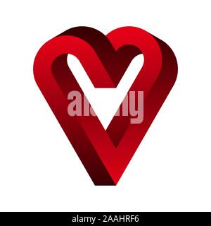 Unmöglich, rotes Herz Form. 3D optische Täuschung. Endlose Liebe. Unendliche Objekt. Abstrakte ewige geometrische Figur. Liebe Symbol. Unmöglichen Geometrie Stock Vektor
