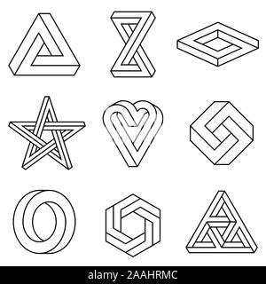 Unmöglich Zeichen gesetzt. Lineare unendlichen Formen. Unmöglich, geometrischen Figuren. Optische Täuschung. Dreieck, Endlosschleife, Rechteck. Vektor Stock Vektor