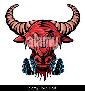 Stier Gesicht im Profil mit Dampf aus den Nasenlöchern isoliert auf Weiss. Logo für jeden Sport Team oder Meisterschaft Stock Vektor