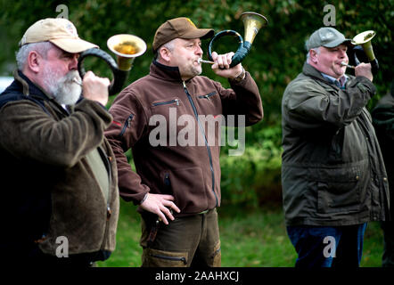 Liebenau, Deutschland. 26 Okt, 2019. Die Teilnehmer eines Sammelanschlusses Spiel auf ihrem Jagdhörner. Mit dem so genannten Beizjagd der Deutschen Falcon - Bestellung (DFO) im Landkreis Nienburg, Falkner gehen in das Revier mit seinen Greifvögel und Jagd auf Hasen, Kaninchen und Krähen. Credit: Hauke-Christian Dittrich/dpa/Alamy leben Nachrichten Stockfoto