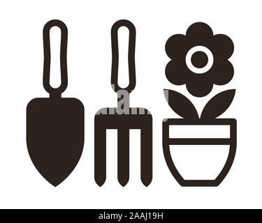 Im Garten arbeitende Werkzeuge und Blumentopf Symbol auf weißem Hintergrund Stockfoto