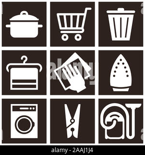 Küche Topf, Warenkorb, Papierkorb, Aufhängevorrichtung, wischen Sie Staub, Bügeleisen, Waschmaschine, Wäscheklammer, Staubsauger Icon Set auf dunklem Hintergrund Stockfoto
