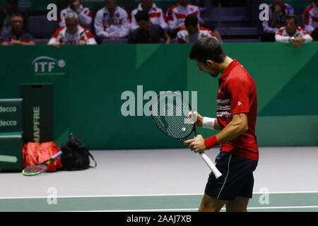 Madrid, Spanien. 22. Nov 2019. Novak Djokovic aus Serbien Nationalmannschaft vs Karen Khachanov der Russischen Nationalmannschaft im Viertelfinale des Davis Cup Tennis an der Magic Box in Madrid. Novak Djokovic Sieger Foto: Juan Carlos Rojas/Picture Alliance | Verwendung weltweit Stockfoto