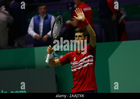 Madrid, Spanien. 22. Nov 2019. Novak Djokovic aus Serbien Nationalmannschaft vs Karen Khachanov der Russischen Nationalmannschaft im Viertelfinale des Davis Cup Tennis an der Magic Box in Madrid. Novak Djokovic Sieger Foto: Juan Carlos Rojas/Picture Alliance | Verwendung weltweit Stockfoto