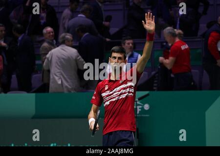 Madrid, Spanien. 22 Nov, 2019. Madrid Spanien; 22/11/2019. - Novak Djokovic aus Serbien Nationalmannschaft vs Karen Khachanov der Russischen Nationalmannschaft im Viertelfinale des Davis Cup Tennis an der Magic Box in Madrid statt. David/Cordon drücken Sie Credit: CORDON PRESSE/Alamy leben Nachrichten Stockfoto