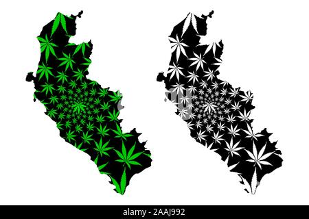 Abteilung der Ica (Republik Peru, Regionen von Peru) Karte ist Cannabis blatt grün und schwarz gestaltet, ICA-Karte von Marihuana (Marihuana, THC) Laub gemacht Stock Vektor