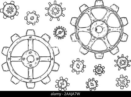 Vektor Zeichnung oder Abbildung: Satz Zahnräder oder Zahnräder oder Zahnräder in schwarz auf weißem Hintergrund. Stock Vektor