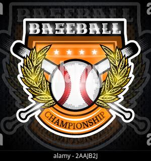 Baseball Ball mit gekreuzten Fledermäuse in der Mitte der goldenen Kranz auf Schild. Sport Logo für jedes Team oder den Wettbewerb Stock Vektor