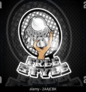 Mit Schläger in Center und freien Stil text Federball. Sport Logo für alle Badminton Team oder Meisterschaft Stock Vektor