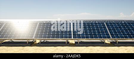Fotovoltaikanlagen mit Hintergrund, Himmel und Sandboden. Stockfoto