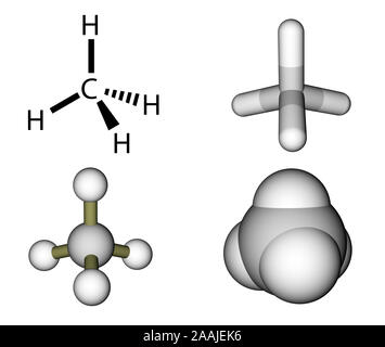 Methan Strukturformel und molekulare Modelle auf weißem Hintergrund Stockfoto