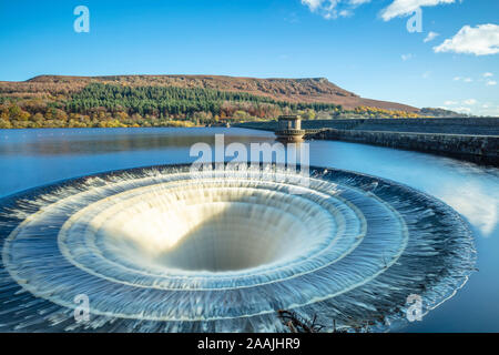 Trichterförmiger Behälter Ladybower überlauf Überlauf bell - Mund abflußkanal Ladybower Reservoir Derbyshire Peak District National Park Derbyshire England Großbritannien Stockfoto